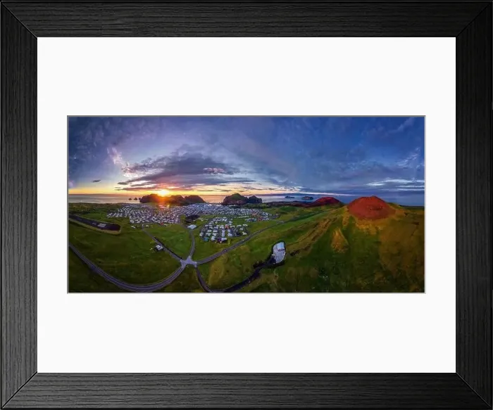 Framed Print : View of the city on Heimaey and mountains in sunset Framed Print : View of the city on Heimaey and mountains in sunset