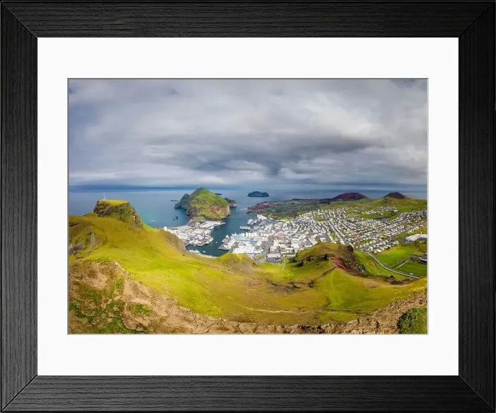 Framed Print : View of the city on Heimaey and mountains Framed Print : View of the city on Heimaey and mountains