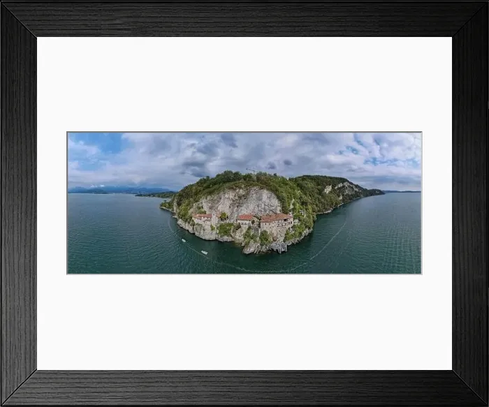 Framed Print : Drone view at the monastery of Santa Caterina del Sasso on lake Maggiore in Italy