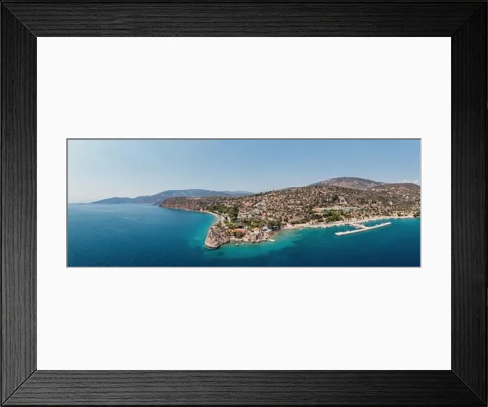 Framed Print : Antikyra Gulf Greece, aerial panoramic drone view. Village, boat marina and Agios Isidoros sandy beach in Boeotia Framed Print : Antikyra Gulf Greece, aerial panoramic drone view. Village, boat marina and Agios Isidoros sandy beach in Boeotia