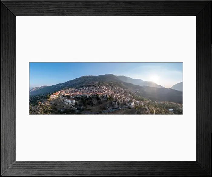 Framed Print : Arachova Greece mountain town aerial panoramic view at sunrise Framed Print : Arachova Greece mountain town aerial panoramic view at sunrise