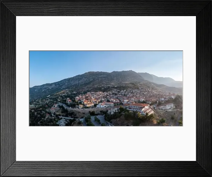 Framed Print : Arachova Greece mountain town aerial drone view at sunrise. Traditional houses famous tourist resort in Boeotia Framed Print : Arachova Greece mountain town aerial drone view at sunrise. Traditional houses famous tourist resort in Boeotia