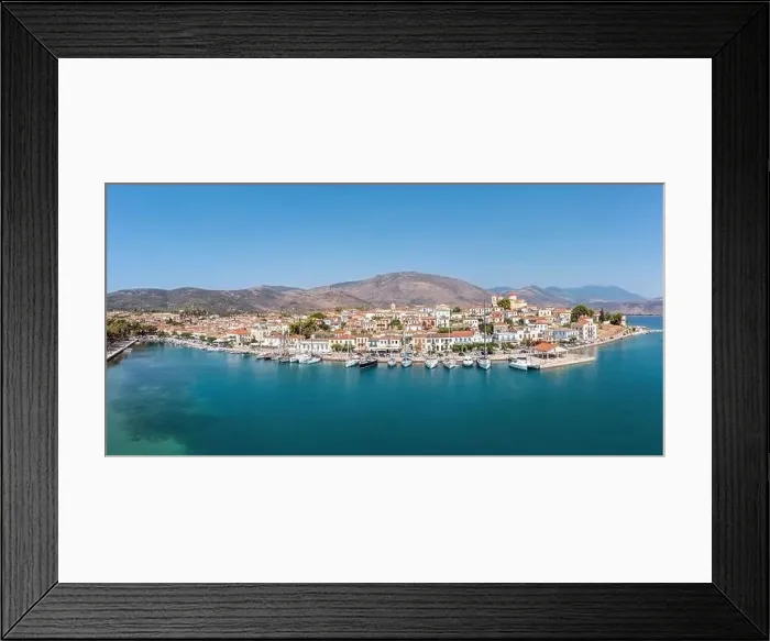 Framed Print : Galaxidi Greece from above, aerial drone view, sunny day. Traditional waterfront houses and boats, blue sky and sea