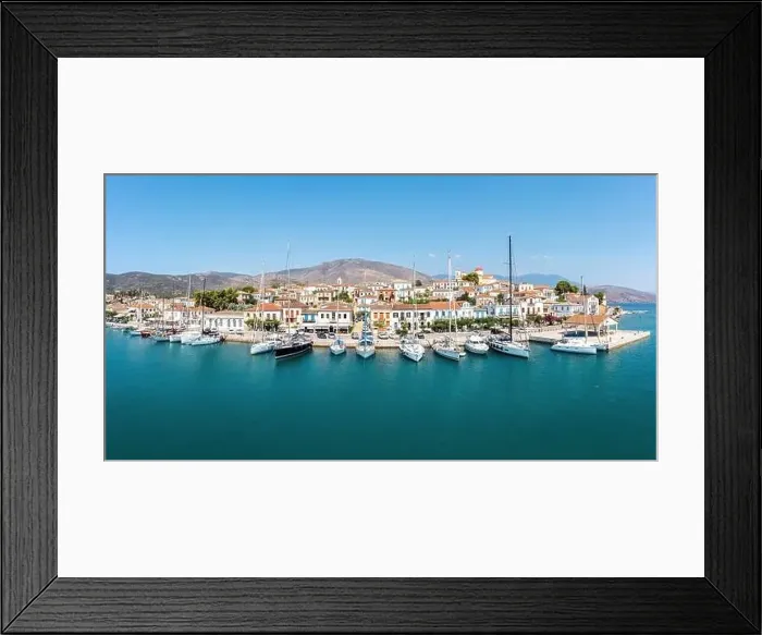 Framed Print : Galaxidi Greece from above, aerial drone view, sunny day. Traditional waterfront houses and boats, blue sky and sea Framed Print : Galaxidi Greece from above, aerial drone view, sunny day. Traditional waterfront houses and boats, blue sky and sea