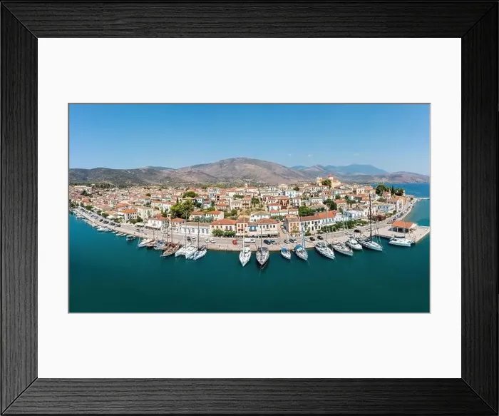 Framed Print : Galaxidi Greece from above, aerial drone view, sunny day. Traditional waterfront houses and boats, blue sky and sea Framed Print : Galaxidi Greece from above, aerial drone view, sunny day. Traditional waterfront houses and boats, blue sky and sea