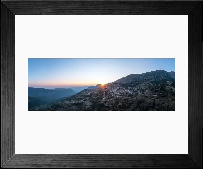 Framed Print : Arachova Greece mountain town aerial panoramic view. Traditional houses and stone tower clock at sunset Framed Print : Arachova Greece mountain town aerial panoramic view. Traditional houses and stone tower clock at sunset