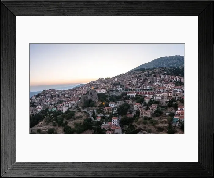 Framed Print : Arachova Greece mountain town aerial drone view in the evening Framed Print : Arachova Greece mountain town aerial drone view in the evening