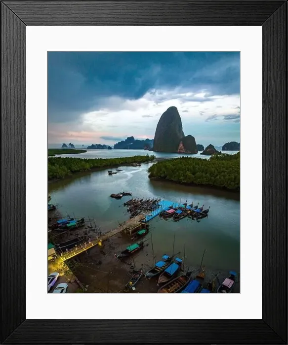 Framed Print : Aerial view of Samet Nangshe Viewpoint at sunset during rainy season, Phang Nga, Thailand Framed Print : Aerial view of Samet Nangshe Viewpoint at sunset during rainy season, Phang Nga, Thailand