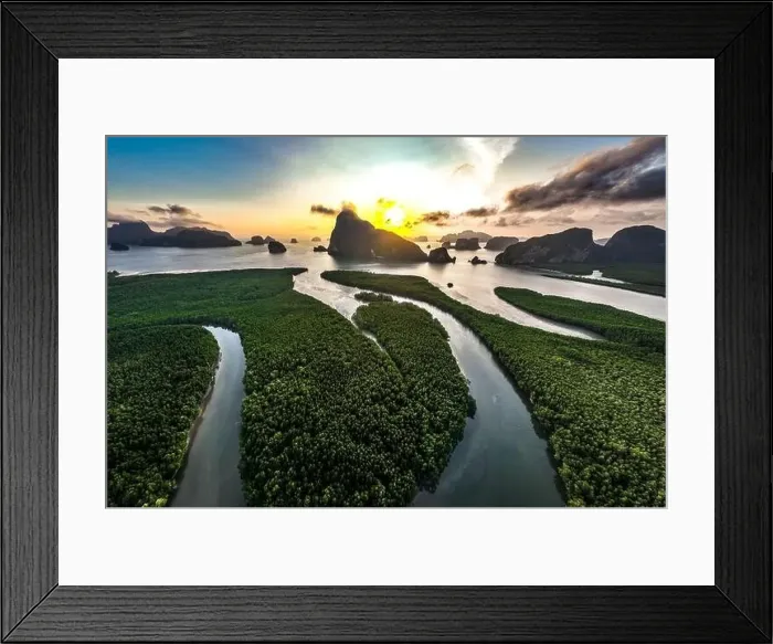 Framed Print : Aerial view of Samet Nangshe Viewpoint at sunset during rainy season, Phang Nga, Thailand
