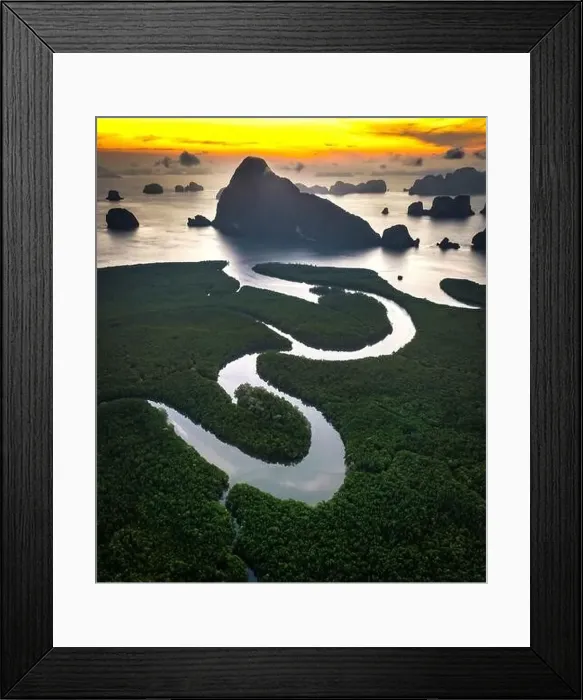 Framed Print : Aerial view of Samet Nangshe Viewpoint at sunset during rainy season, Phang Nga, Thailand Framed Print : Aerial view of Samet Nangshe Viewpoint at sunset during rainy season, Phang Nga, Thailand
