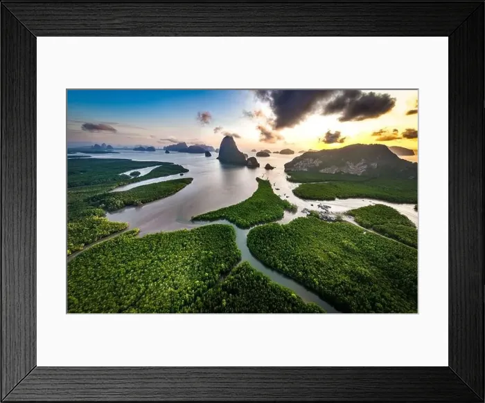 Framed Print : Aerial view of Samet Nangshe Viewpoint at sunset during rainy season, Phang Nga, Thailand Framed Print : Aerial view of Samet Nangshe Viewpoint at sunset during rainy season, Phang Nga, Thailand