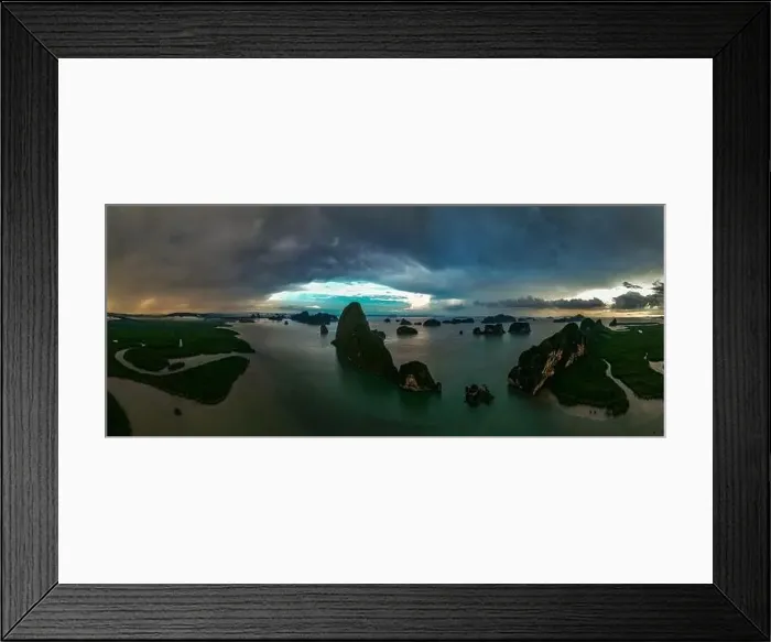 Framed Print : Aerial view of Samet Nangshe Viewpoint at sunset during rainy season, Phang Nga, Thailand