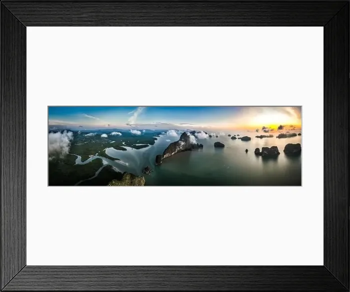 Framed Print : Aerial view of Samet Nangshe Viewpoint at sunset during rainy season, Phang Nga, Thailand Framed Print : Aerial view of Samet Nangshe Viewpoint at sunset during rainy season, Phang Nga, Thailand