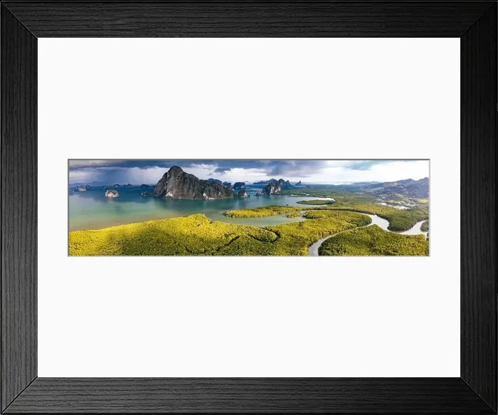Framed Print : Aerial view of Samet Nangshe Viewpoint at sunset during rainy season, Phang Nga, Thailand Framed Print : Aerial view of Samet Nangshe Viewpoint at sunset during rainy season, Phang Nga, Thailand