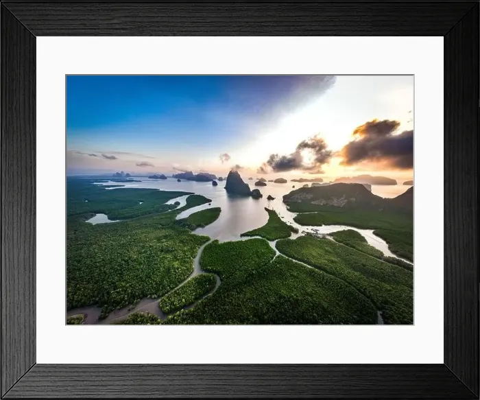 Framed Print : Aerial view of Samet Nangshe Viewpoint at sunset during rainy season, Phang Nga, Thailand Framed Print : Aerial view of Samet Nangshe Viewpoint at sunset during rainy season, Phang Nga, Thailand