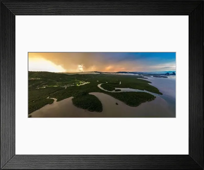 Framed Print : Aerial view of Samet Nangshe Viewpoint at sunset during rainy season, Phang Nga, Thailand