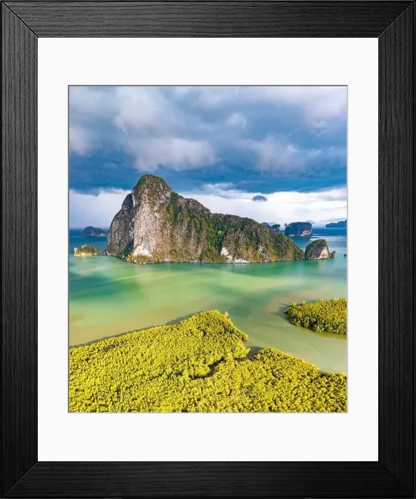 Framed Print : Aerial view of Samet Nangshe Viewpoint at sunset during rainy season, Phang Nga, Thailand Framed Print : Aerial view of Samet Nangshe Viewpoint at sunset during rainy season, Phang Nga, Thailand