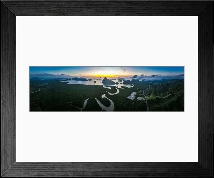 Framed Print : Aerial view of Samet Nangshe Viewpoint at sunset during rainy season, Phang Nga, Thailand Framed Print : Aerial view of Samet Nangshe Viewpoint at sunset during rainy season, Phang Nga, Thailand