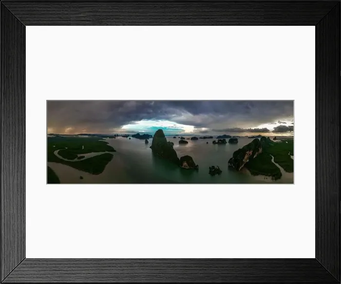 Framed Print : Aerial view of Samet Nangshe Viewpoint at sunset during rainy season, Phang Nga, Thailand Framed Print : Aerial view of Samet Nangshe Viewpoint at sunset during rainy season, Phang Nga, Thailand