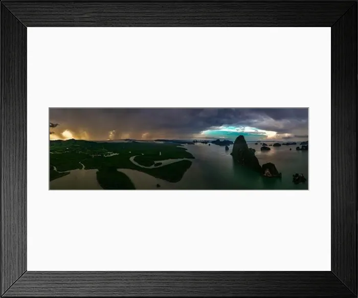 Framed Print : Aerial view of Samet Nangshe Viewpoint at sunset during rainy season, Phang Nga, Thailand Framed Print : Aerial view of Samet Nangshe Viewpoint at sunset during rainy season, Phang Nga, Thailand
