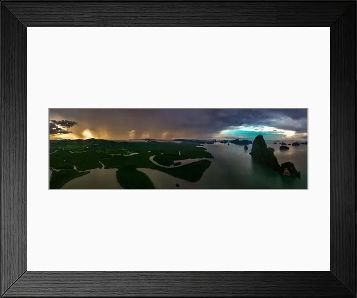 Framed Print : Aerial view of Samet Nangshe Viewpoint at sunset during rainy season, Phang Nga, Thailand Framed Print : Aerial view of Samet Nangshe Viewpoint at sunset during rainy season, Phang Nga, Thailand