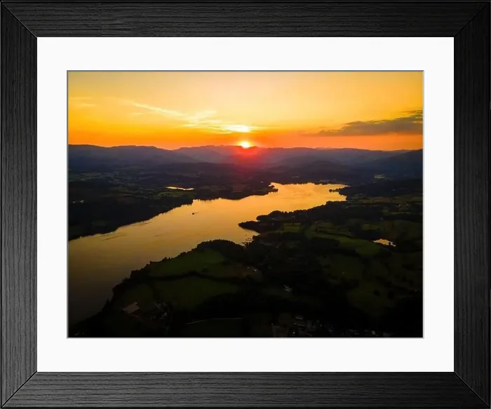 Framed Print : Aerial view of sunset over Windermere in Lake District, a region and national park in Cumbria in northwest England, UK Framed Print : Aerial view of sunset over Windermere in Lake District, a region and national park in Cumbria in northwest England, UK