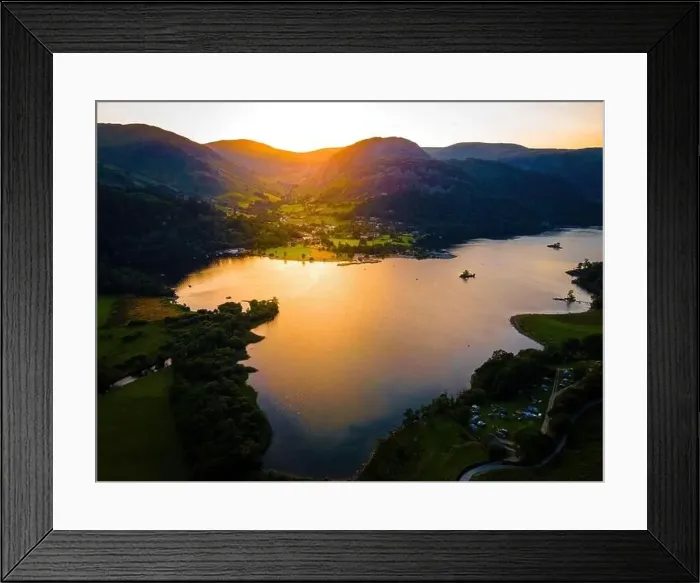 Framed Print : Aerial view of sunset over Ullswater lake in Lake District Framed Print : Aerial view of sunset over Ullswater lake in Lake District