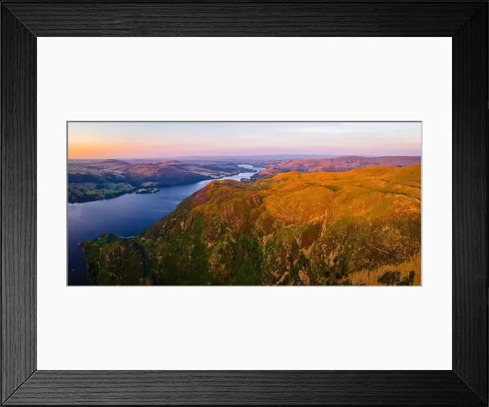 Framed Print : Aerial view of sunset over Ullswater lake in Lake District Framed Print : Aerial view of sunset over Ullswater lake in Lake District