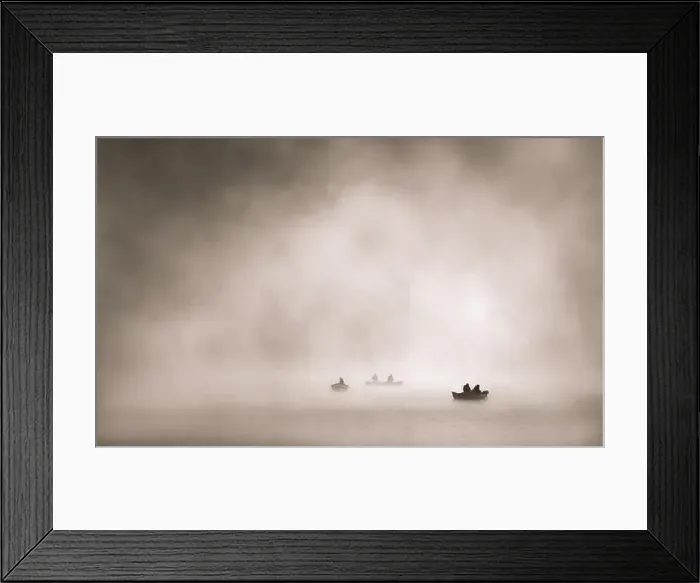 Framed Print : Three boats of fishermen early in the morning on a foggy lake, sepia, minimalism, copy space, horizontal Framed Print : Three boats of fishermen early in the morning on a foggy lake, sepia, minimalism, copy space, horizontal