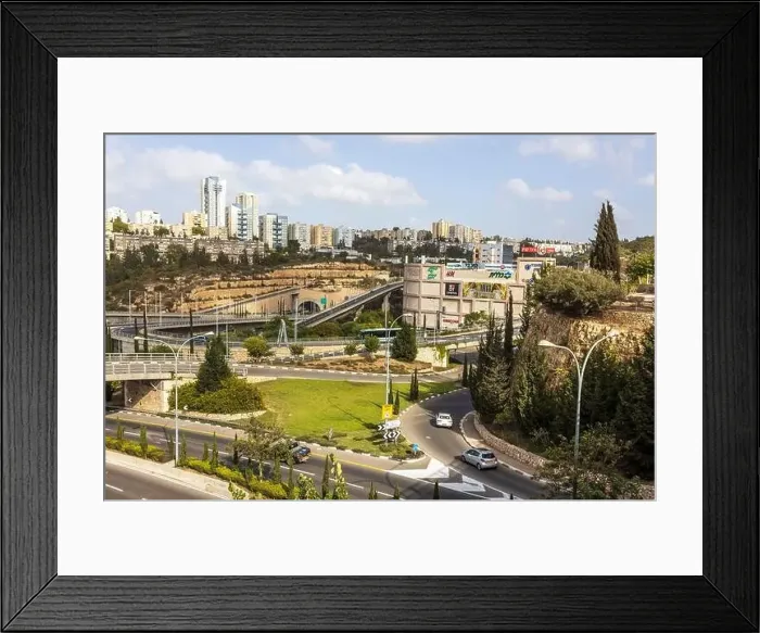 Framed Print : HAIFA, ISRAEL - September 29, 2022: Highway interchange with traffic on multiple levels, Aerial image Framed Print : HAIFA, ISRAEL - September 29, 2022: Highway interchange with traffic on multiple levels, Aerial image