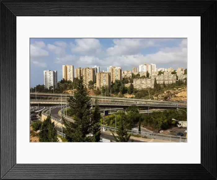 Framed Print : HAIFA, ISRAEL - September 29, 2022: Highway interchange with traffic on multiple levels, Aerial image Framed Print : HAIFA, ISRAEL - September 29, 2022: Highway interchange with traffic on multiple levels, Aerial image