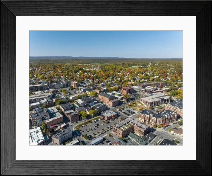 Framed Print : Early afternoon autumn aerial photo view of Saratoga Springs New York