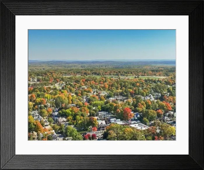 Framed Print : Early afternoon autumn aerial photo view of Saratoga Springs New York
