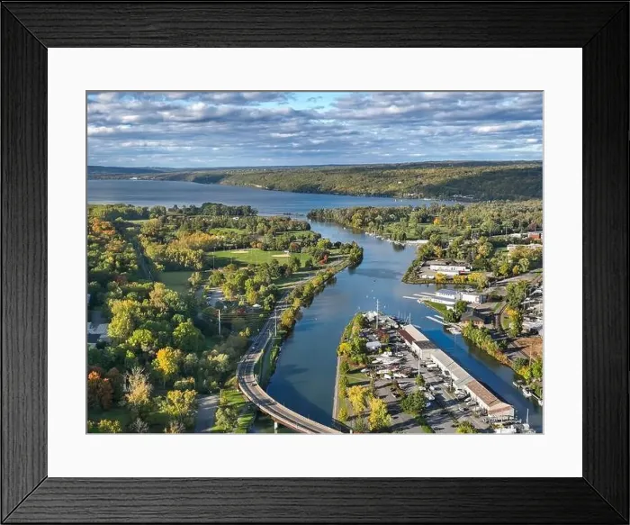 Framed Print : Early afternoon autumn aerial photo view of Ithaca New York
