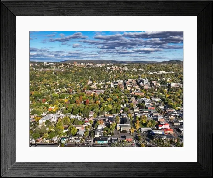 Framed Print : Early afternoon autumn aerial photo view of Ithaca New York Framed Print : Early afternoon autumn aerial photo view of Ithaca New York