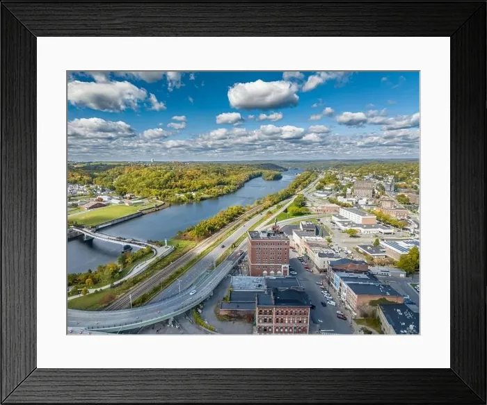 Framed Print : Early afternoon autumn aerial photo view of the City of Amsterdam New York Framed Print : Early afternoon autumn aerial photo view of the City of Amsterdam New York