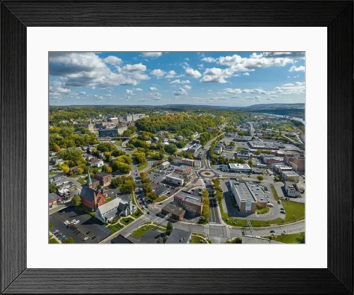 Framed Print : Early afternoon autumn aerial photo view of the City of Amsterdam New York Framed Print : Early afternoon autumn aerial photo view of the City of Amsterdam New York