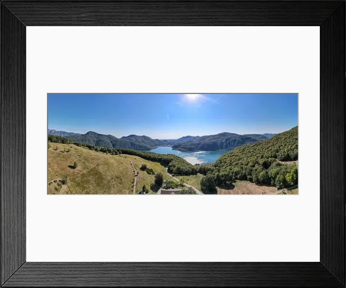 Framed Print : Drone view at alp Vicania over Morcote and lake Lugano on Switzerland Framed Print : Drone view at alp Vicania over Morcote and lake Lugano on Switzerland