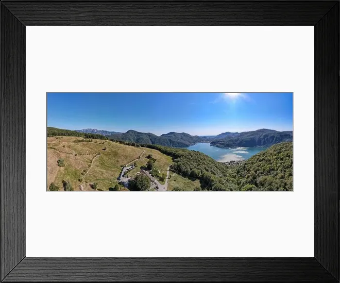 Framed Print : Drone view at alp Vicania over Morcote and lake Lugano on Switzerland Framed Print : Drone view at alp Vicania over Morcote and lake Lugano on Switzerland