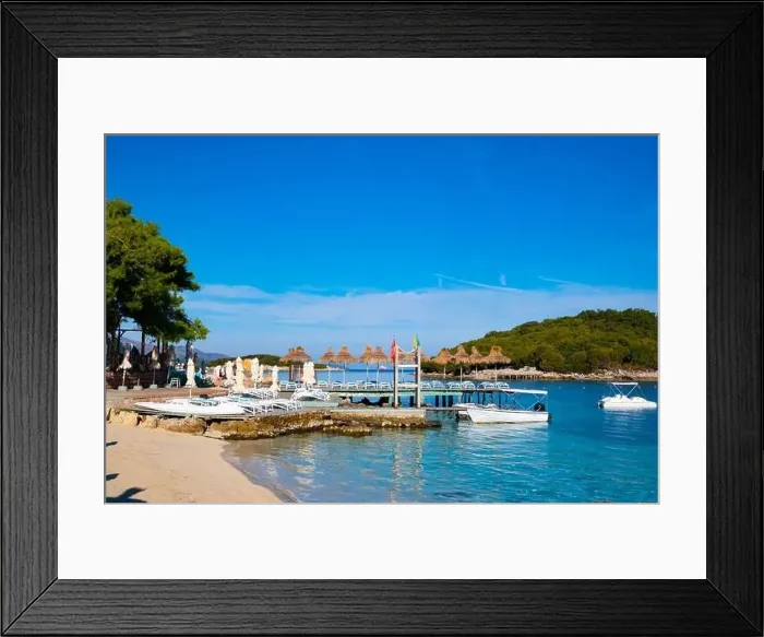 Framed Print : White sand beaches and blue water in Ksamil in Albania Framed Print : White sand beaches and blue water in Ksamil in Albania