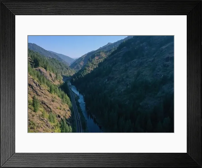 Framed Print : Aerial View of Lochsa River looking upstream with Highway 12 alongside Framed Print : Aerial View of Lochsa River looking upstream with Highway 12 alongside
