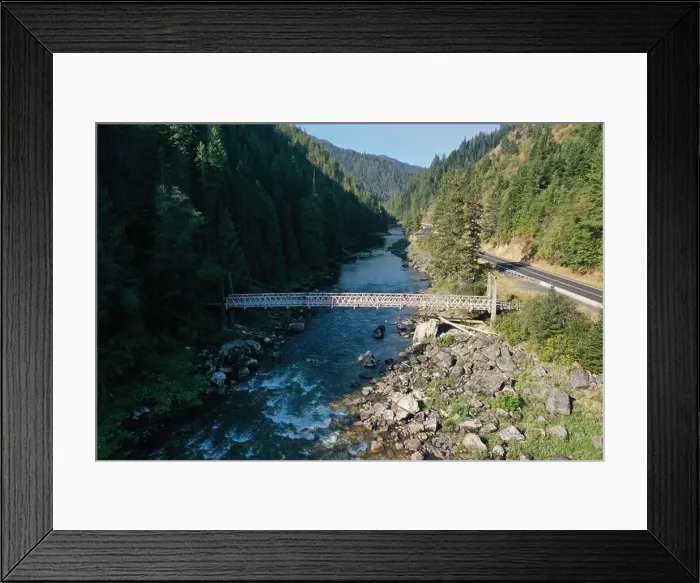 Framed Print : Aerial view of Pack Bridge Across the Lochsa River Framed Print : Aerial view of Pack Bridge Across the Lochsa River