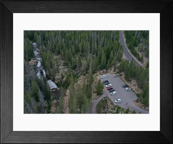 Framed Print : Aerial view of Provo River Falls and parking area, Mirror Lake Highway, Kamas, Utah, USA Framed Print : Aerial view of Provo River Falls and parking area, Mirror Lake Highway, Kamas, Utah, USA