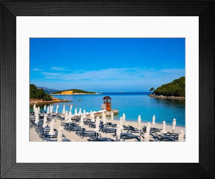 Framed Print : White sand beaches and blue water in Ksamil in Albania Framed Print : White sand beaches and blue water in Ksamil in Albania