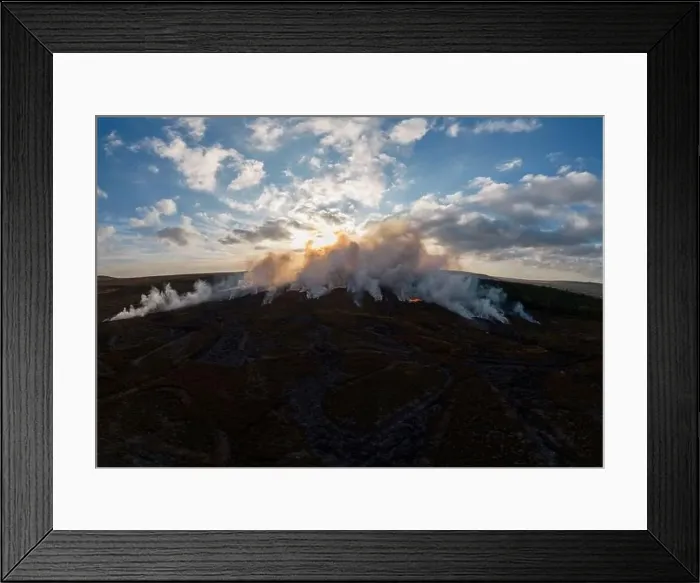 Framed Print : Heather burning on moorland above Holmfirth in West Yorkshire Framed Print : Heather burning on moorland above Holmfirth in West Yorkshire