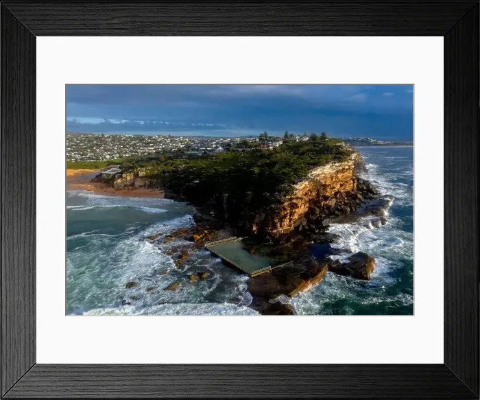 Framed Print : Aerial landscape views of North Curl Curl headland and rock pool iand beach in Sydney's Northern Beaches Ausralia Framed Print : Aerial landscape views of North Curl Curl headland and rock pool iand beach in Sydney's Northern Beaches Ausralia