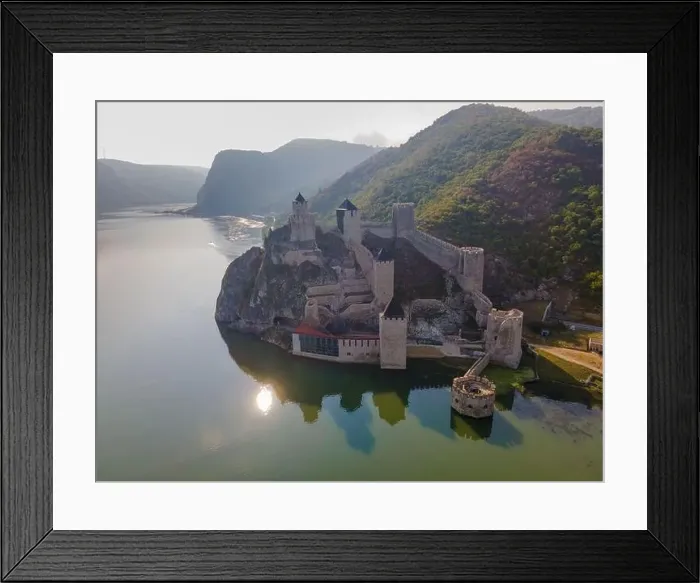 Framed Print : Aerial photography of Golubac medieval fortress located on the Danube river on Serbian bank