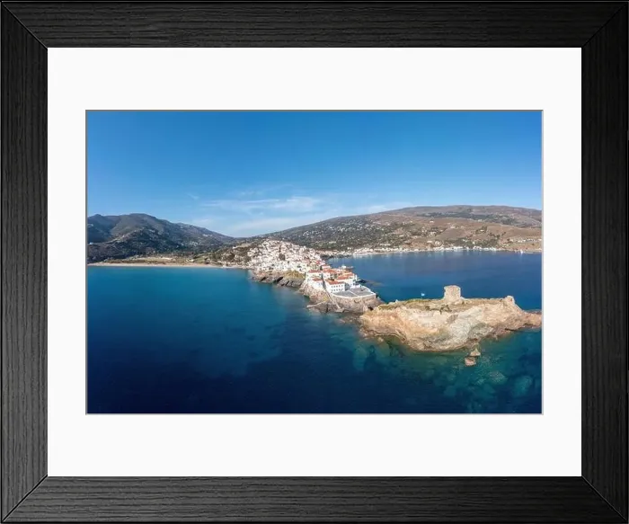 Framed Print : Andros Island, Greece. Traditional tiled roof buildings on cape Framed Print : Andros Island, Greece. Traditional tiled roof buildings on cape