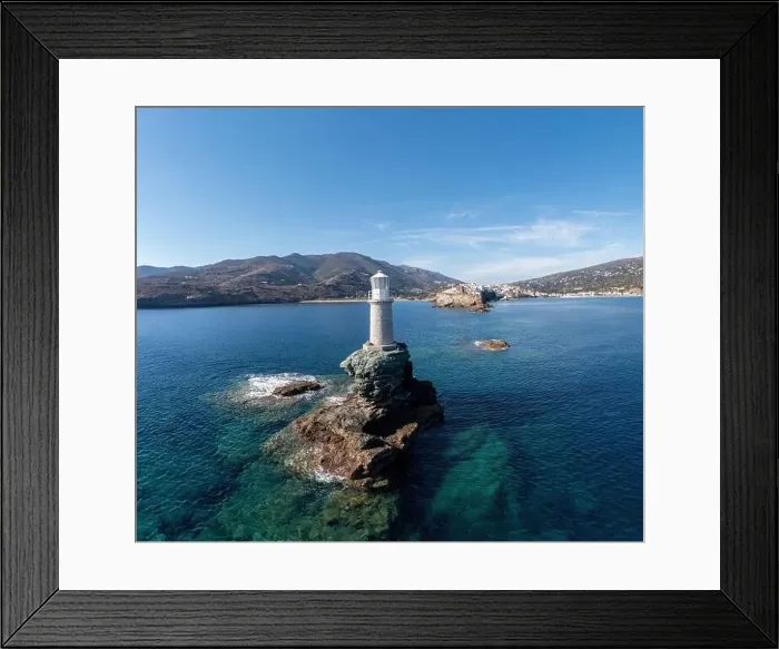Framed Print : Greece. Andros Island. The stone beacon on a rock aerial drone view Framed Print : Greece. Andros Island. The stone beacon on a rock aerial drone view