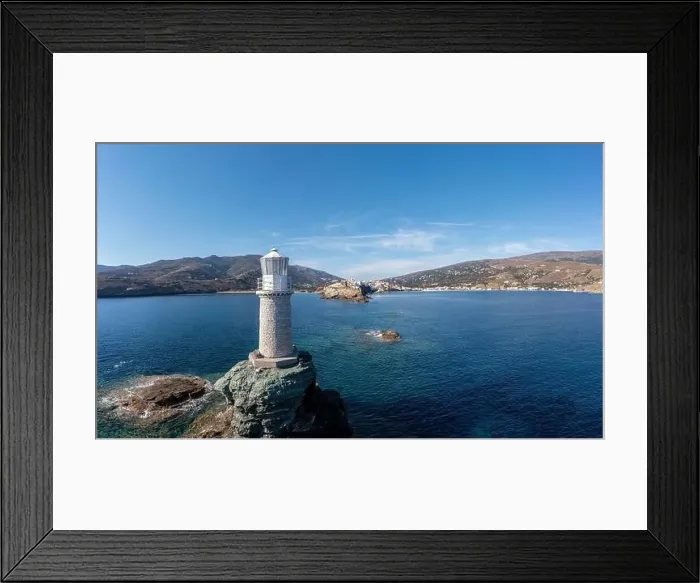 Framed Print : Andros Island. Greece. The stone lighthouse on a rock aerial drone view Framed Print : Andros Island. Greece. The stone lighthouse on a rock aerial drone view